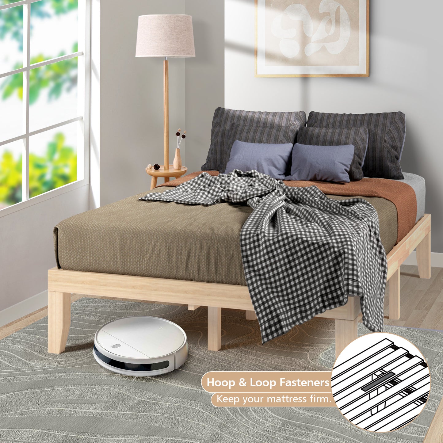 Modern 14 Inch Full Size Wood Platform Bed Frame with Wood Slat Support - Natural