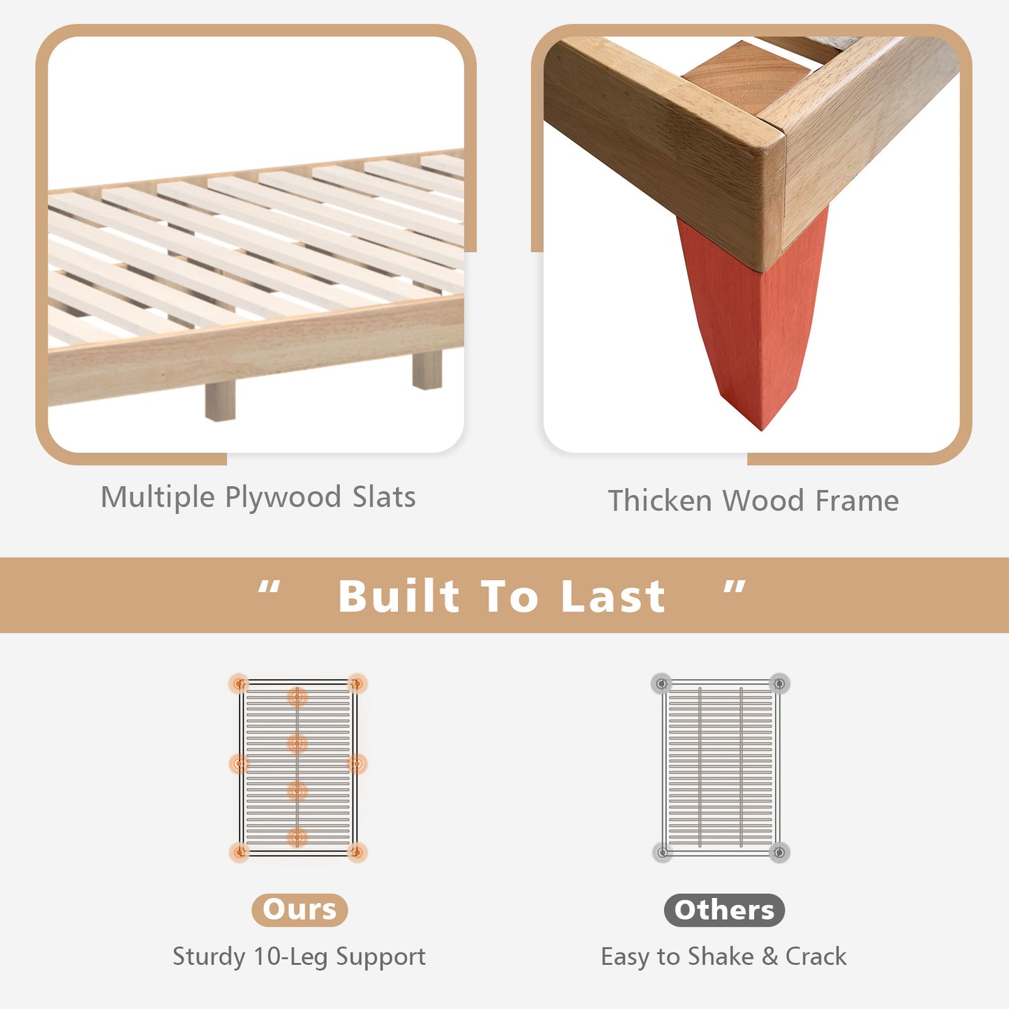 Modern 14 Inch Full Size Wood Platform Bed Frame with Wood Slat Support - Natural