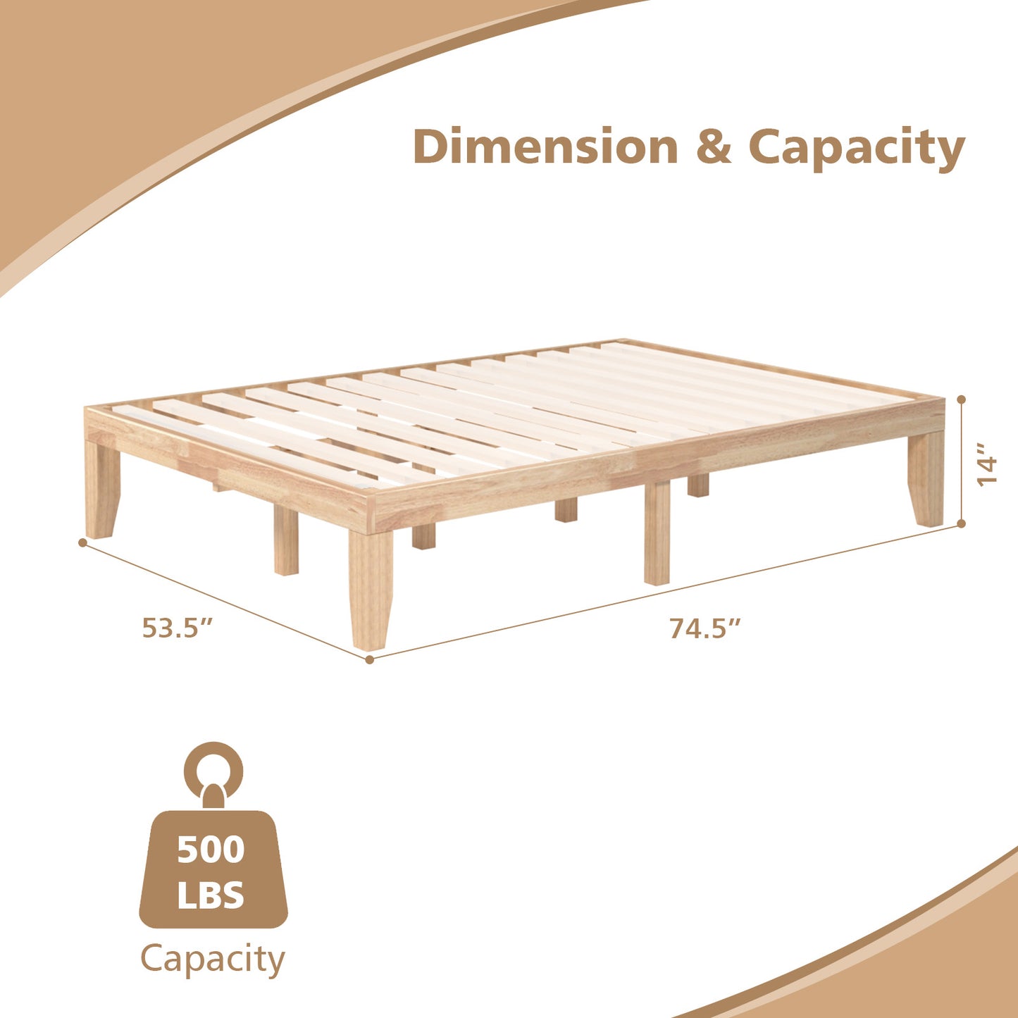 Modern 14 Inch Full Size Wood Platform Bed Frame with Wood Slat Support - Natural