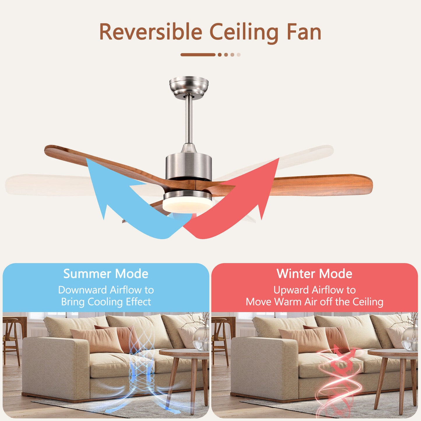 52 Inch Reversible Ceiling Fan with LED Light and 6-Speed Remote Control - Silver