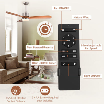52 Inch Reversible Ceiling Fan with LED Light and 6-Speed Remote Control - Silver