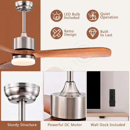 52 Inch Reversible Ceiling Fan with LED Light and 6-Speed Remote Control - Silver