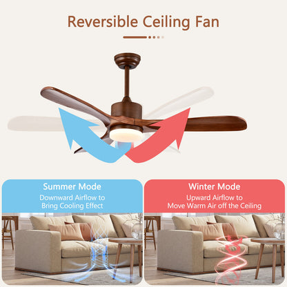 52 Inch Reversible Ceiling Fan with LED Light and 6-Speed Remote Control - Brown