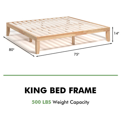 Modern 14 Inch King Size Wood Platform Bed Frame with Wood Slat Support - Natural
