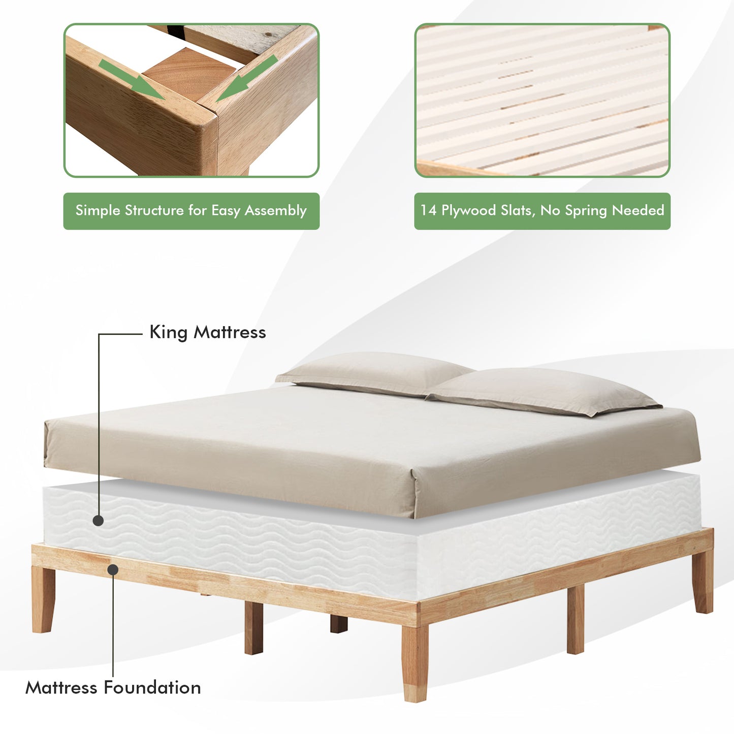 Modern 14 Inch King Size Wood Platform Bed Frame with Wood Slat Support - Natural