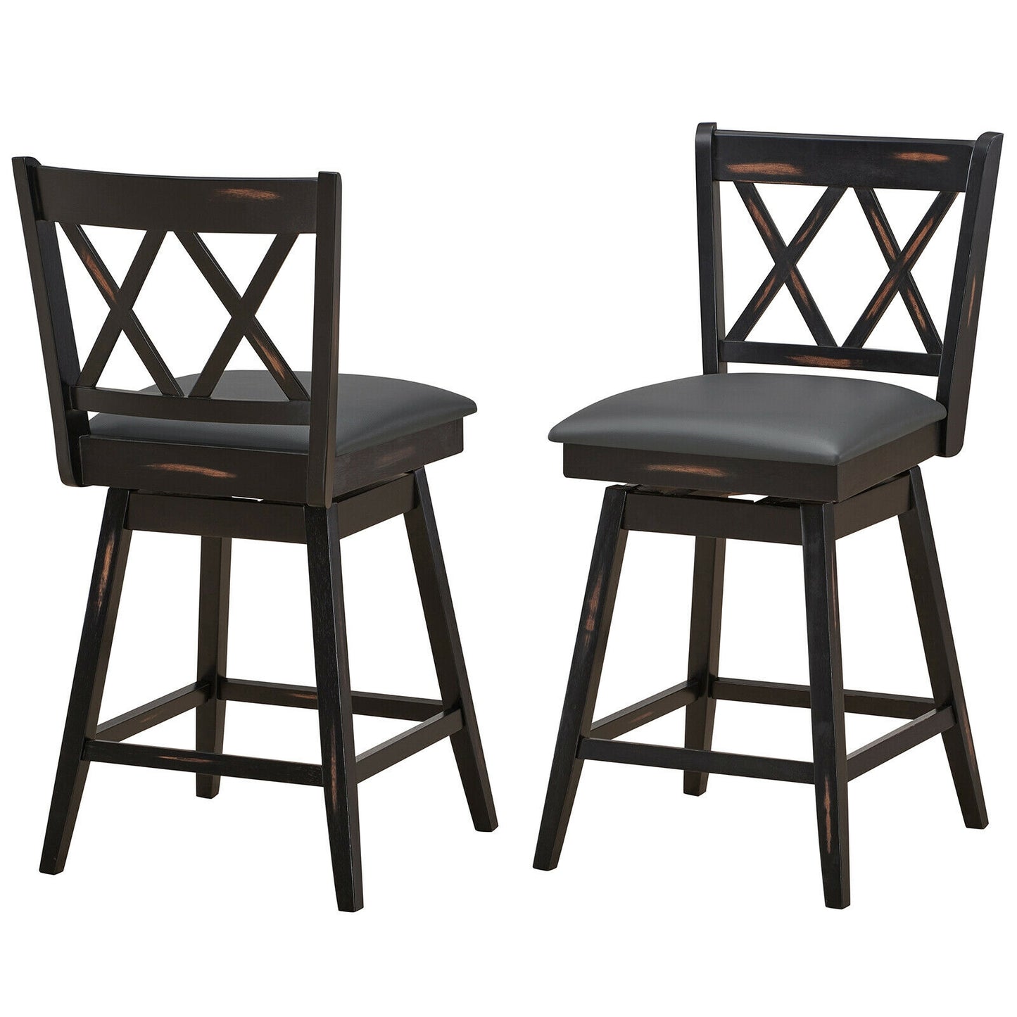 Counter Height Bar Stools Set of 2 with 24 Inch Swivel Seat and Black Rubber Wood Frame