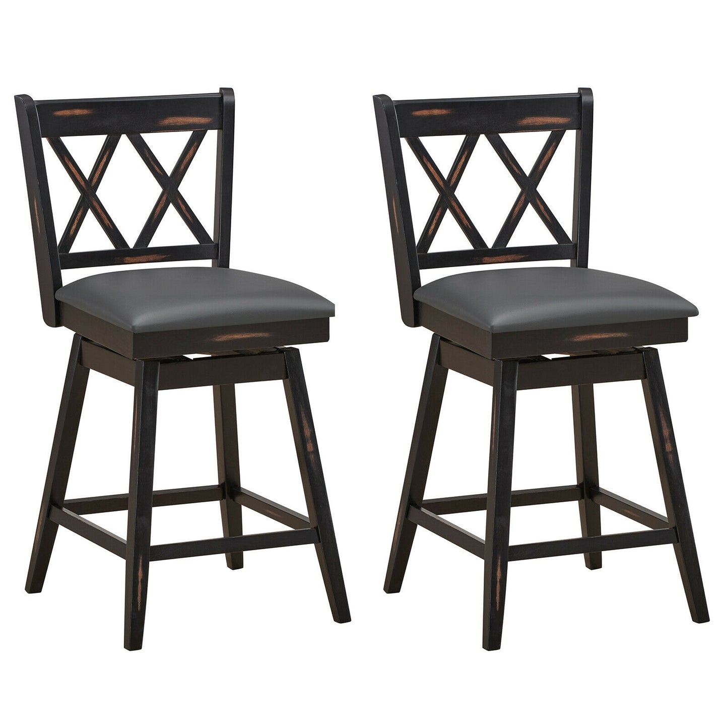 Counter Height Bar Stools Set of 2 with 24 Inch Swivel Seat and Black Rubber Wood Frame