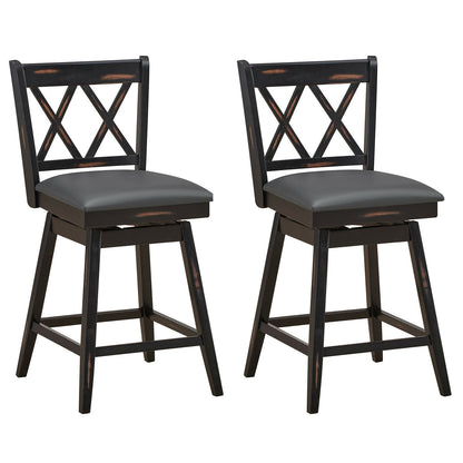 Counter Height Bar Stools Set of 2 with 24 Inch Swivel Seat and Black Rubber Wood Frame
