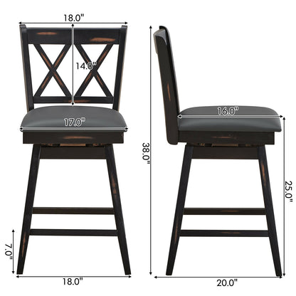 Counter Height Bar Stools Set of 2 with 24 Inch Swivel Seat and Black Rubber Wood Frame