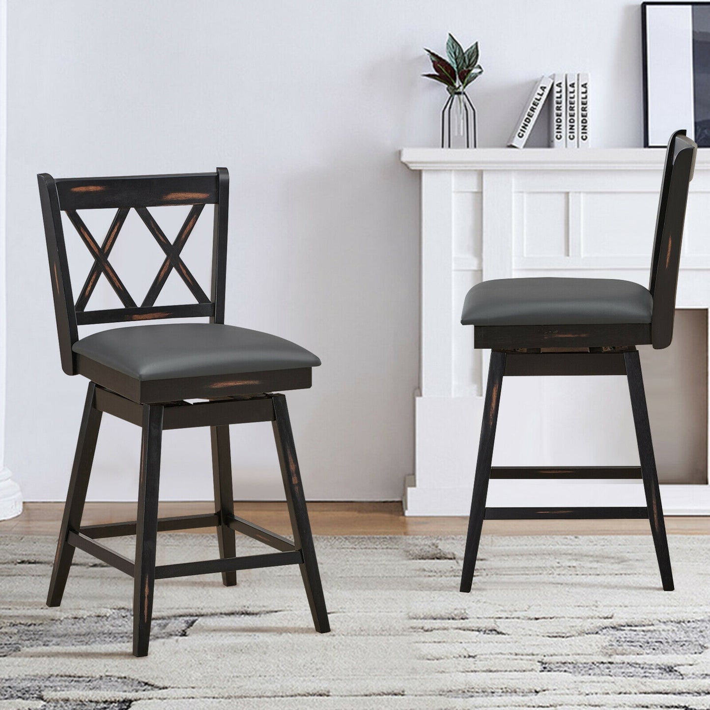 Counter Height Bar Stools Set of 2 with 24 Inch Swivel Seat and Black Rubber Wood Frame