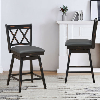 Counter Height Bar Stools Set of 2 with 24 Inch Swivel Seat and Black Rubber Wood Frame