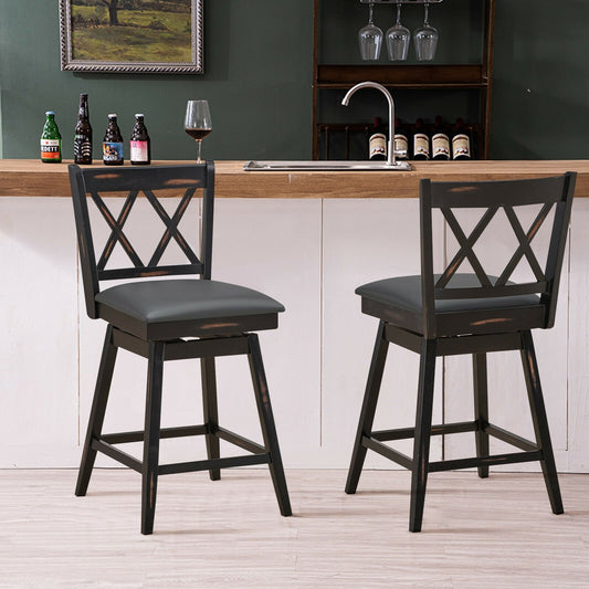 Counter Height Bar Stools Set of 2 with 24 Inch Swivel Seat and Black Rubber Wood Frame