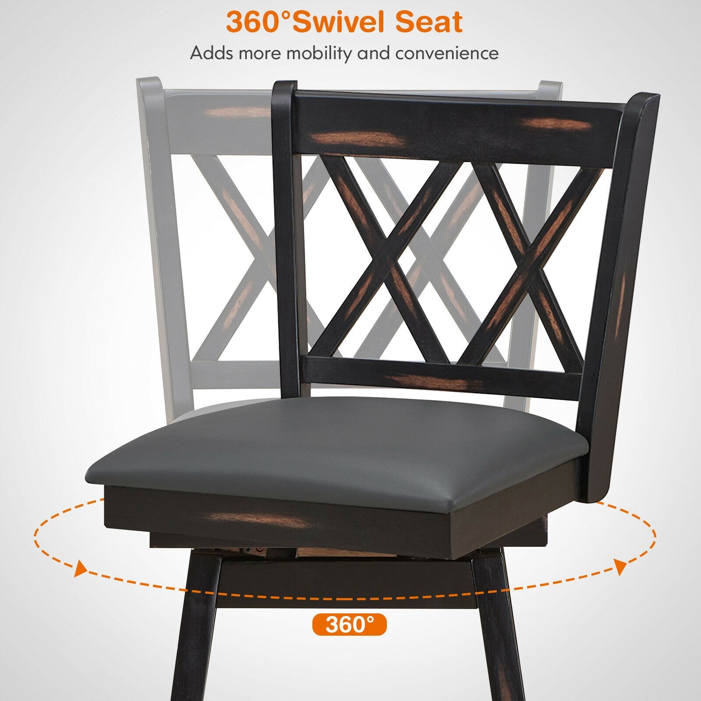 Counter Height Bar Stools Set of 2 with 24 Inch Swivel Seat and Black Rubber Wood Frame