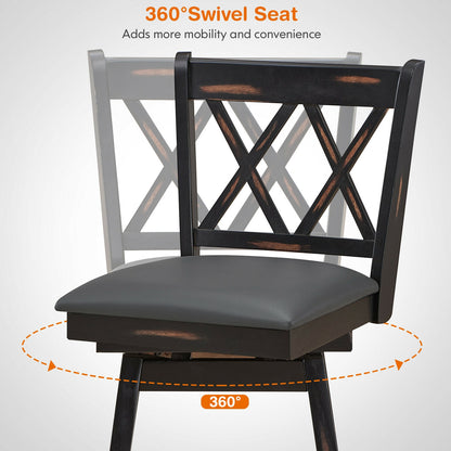 Counter Height Bar Stools Set of 2 with 24 Inch Swivel Seat and Black Rubber Wood Frame