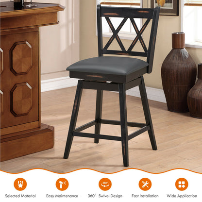 Counter Height Bar Stools Set of 2 with 24 Inch Swivel Seat and Black Rubber Wood Frame