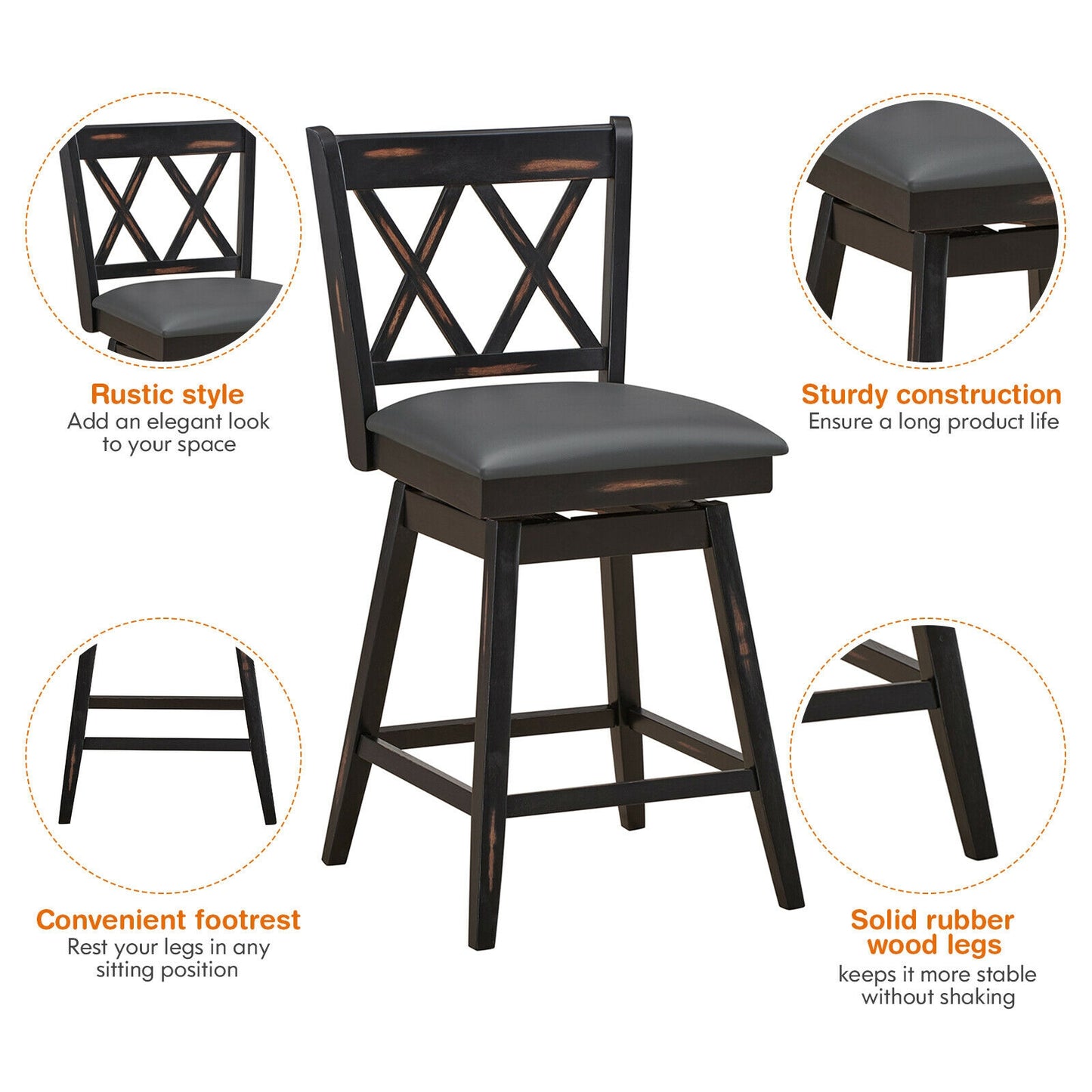 Counter Height Bar Stools Set of 2 with 24 Inch Swivel Seat and Black Rubber Wood Frame