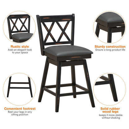 Counter Height Bar Stools Set of 2 with 24 Inch Swivel Seat and Black Rubber Wood Frame