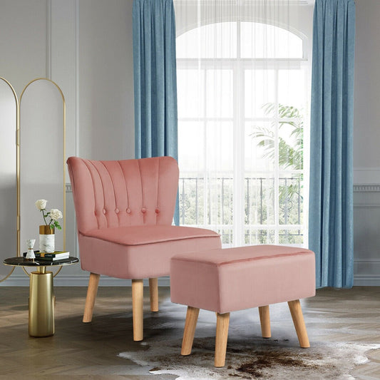 Tufted Velvet Lounge Chair and Ottoman Set with Thick Cushions and Wood Legs - Pink