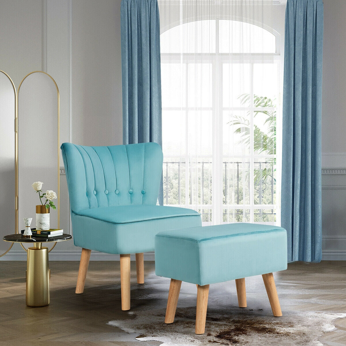 Tufted Velvet Lounge Chair and Ottoman Set with Thick Cushions and Wood Legs - Turquoise