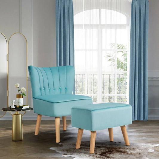 Tufted Velvet Lounge Chair and Ottoman Set with Thick Cushions and Wood Legs - Turquoise