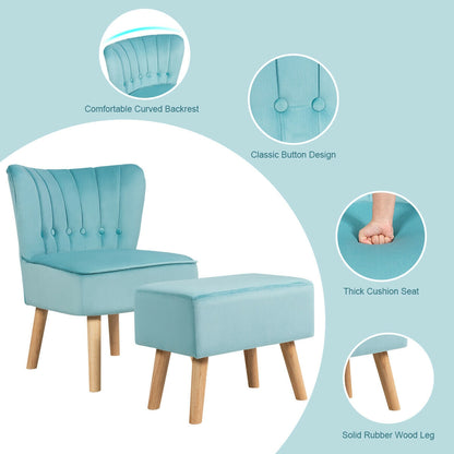 Tufted Velvet Lounge Chair and Ottoman Set with Thick Cushions and Wood Legs - Turquoise
