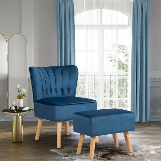 Tufted Velvet Lounge Chair and Ottoman Set with Thick Cushions and Wood Legs - Blue