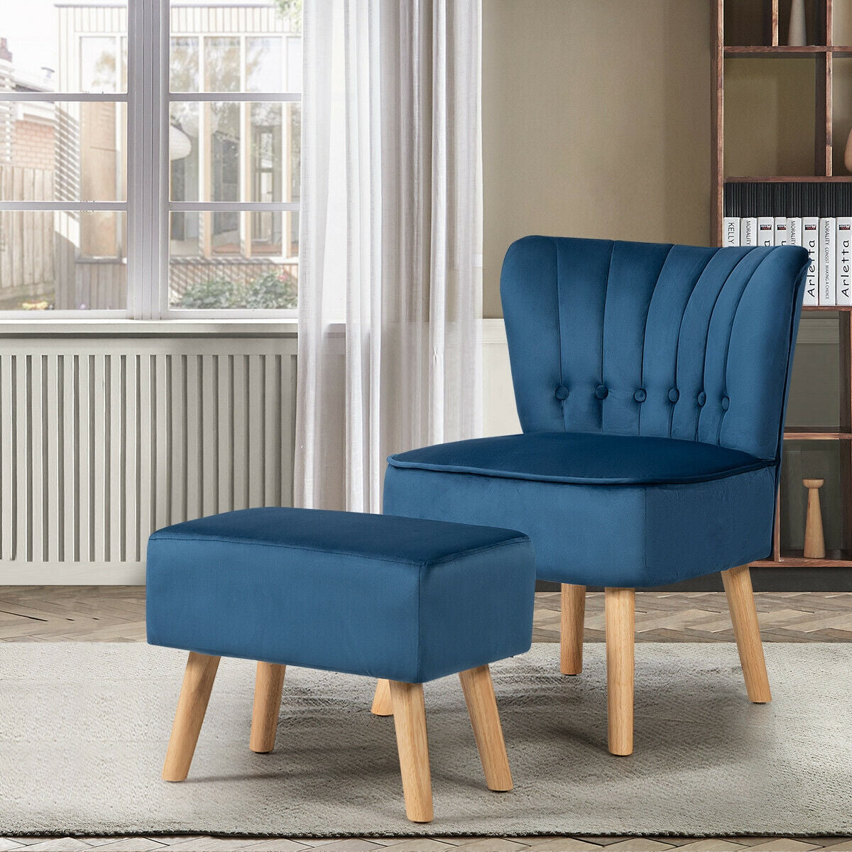 Tufted Velvet Lounge Chair and Ottoman Set with Thick Cushions and Wood Legs - Blue