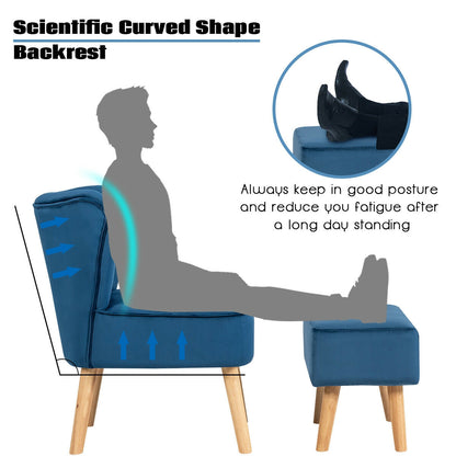 Tufted Velvet Lounge Chair and Ottoman Set with Thick Cushions and Wood Legs - Blue