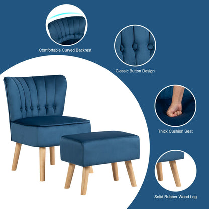 Tufted Velvet Lounge Chair and Ottoman Set with Thick Cushions and Wood Legs - Blue