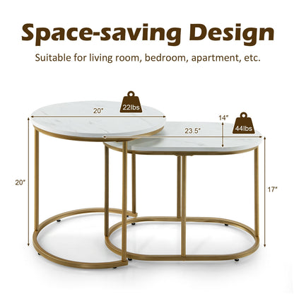 Elegant 2 Piece Modern Nesting Coffee Table Set with Marble Top and Gold Frame