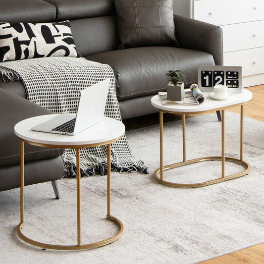 Elegant 2 Piece Modern Nesting Coffee Table Set with Marble Top and Gold Frame