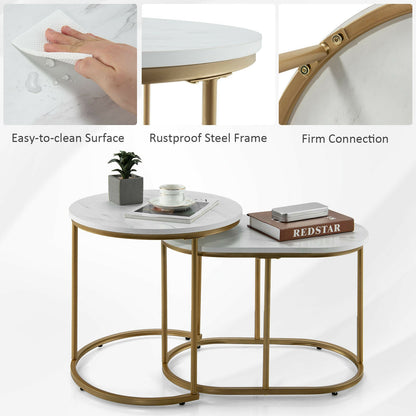 Elegant 2 Piece Modern Nesting Coffee Table Set with Marble Top and Gold Frame