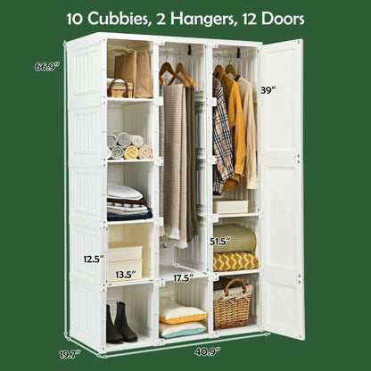 Foldable Wardrobe Closet with Hanging Rod and 10-Cube Storage for Clothes and Bedding