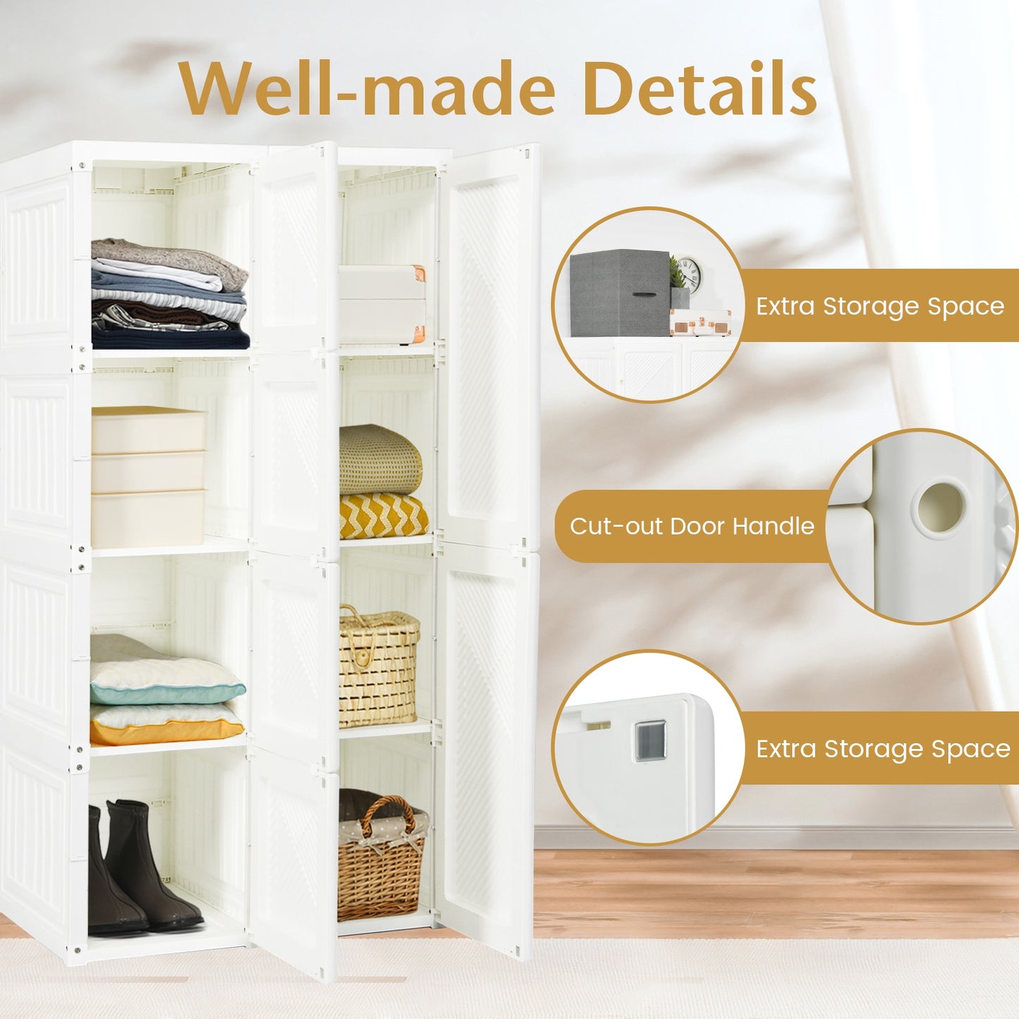 Foldable Wardrobe Closet with Hanging Rods and 8-Cubby Storage for Clothes and Bedding