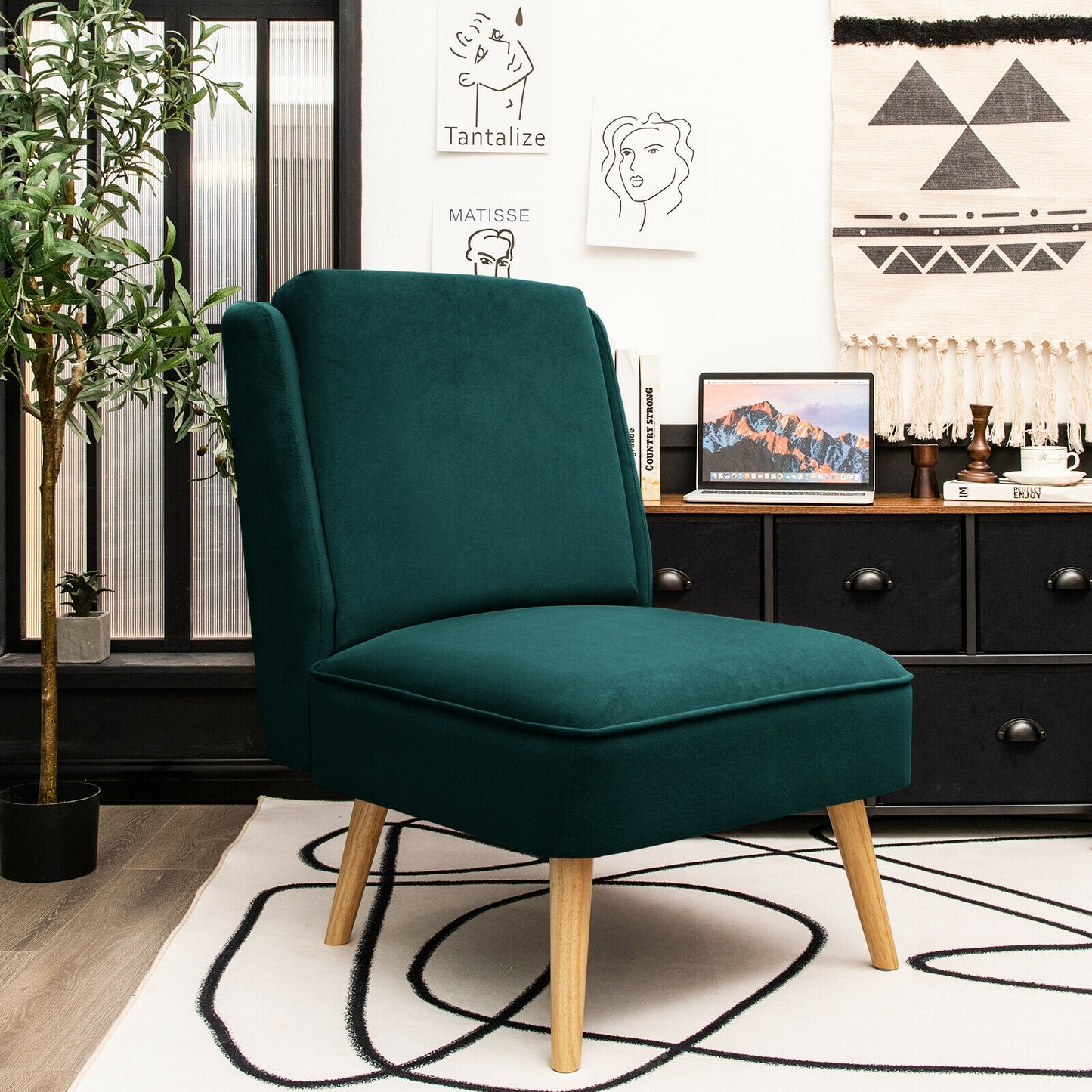 Contemporary Armless Velvet Accent Chair with Rubber Wood Base - Green