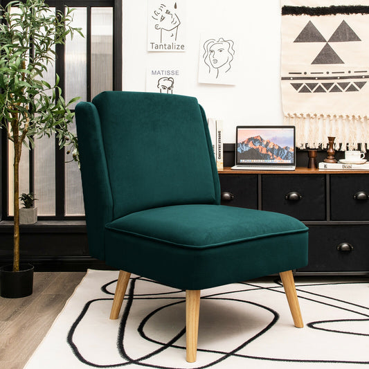 Contemporary Armless Velvet Accent Chair with Rubber Wood Base - Green