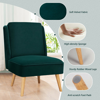 Contemporary Armless Velvet Accent Chair with Rubber Wood Base - Green