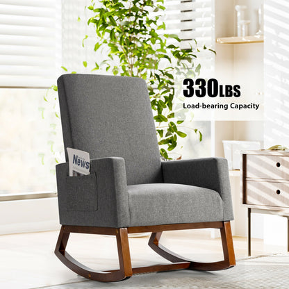 Modern High Back Rocking Chair with Upholstered Seat and Side Storage Pocket - Grey