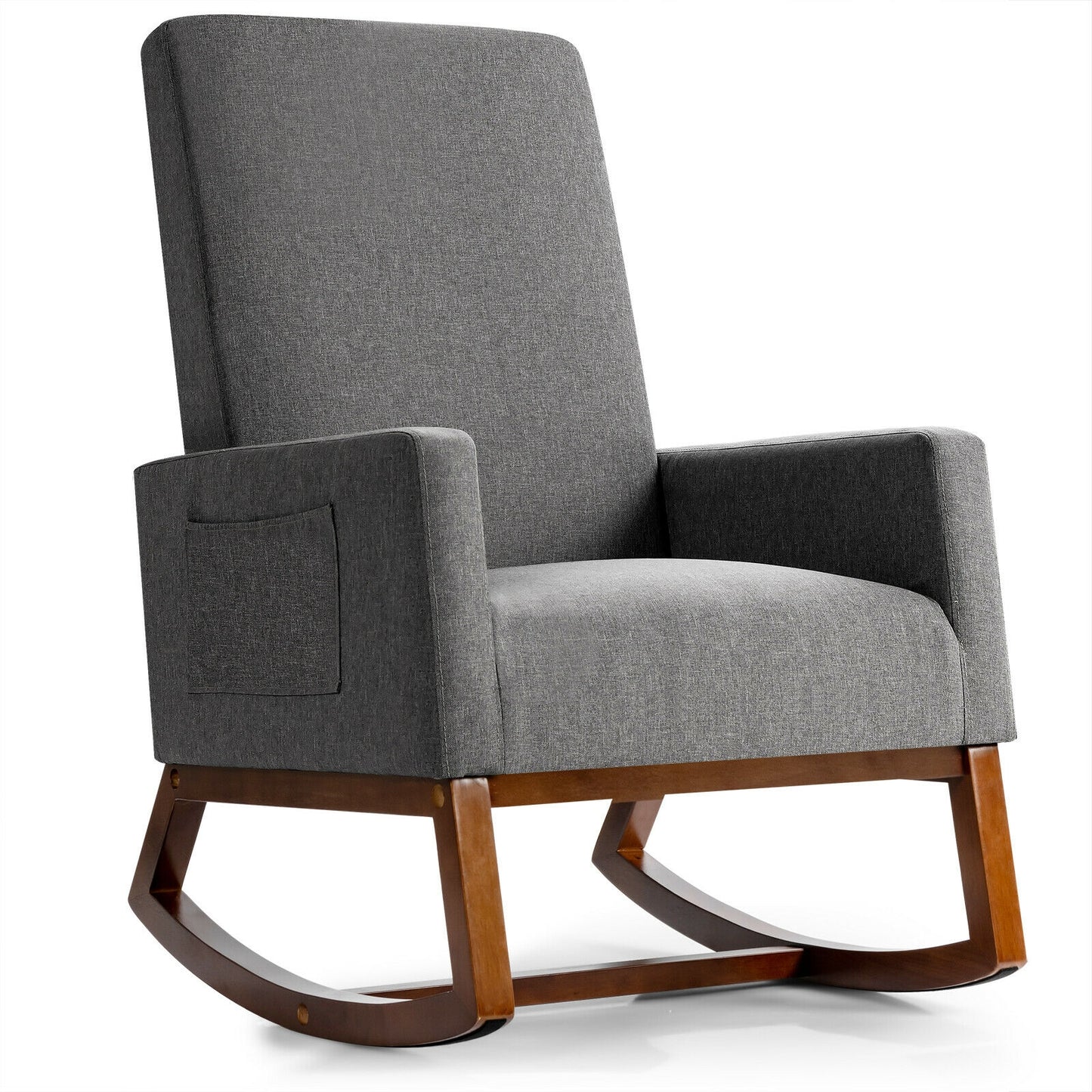 Modern High Back Rocking Chair with Upholstered Seat and Side Storage Pocket - Grey