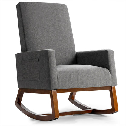 Modern High Back Rocking Chair with Upholstered Seat and Side Storage Pocket - Grey