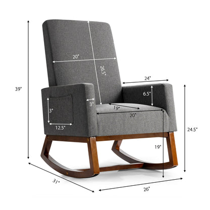Modern High Back Rocking Chair with Upholstered Seat and Side Storage Pocket - Grey
