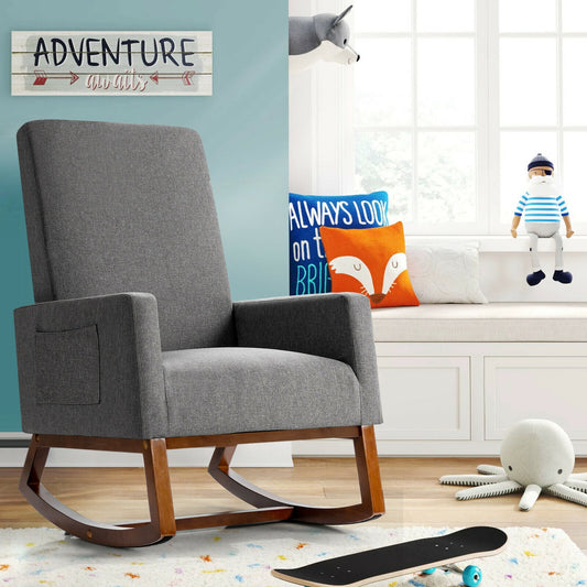 Modern High Back Rocking Chair with Upholstered Seat and Side Storage Pocket - Grey