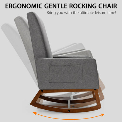 Modern High Back Rocking Chair with Upholstered Seat and Side Storage Pocket - Grey