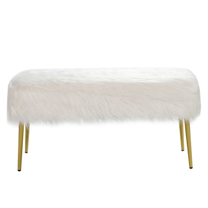 Plush Faux Fur Vanity Stool with Elegant Gold Metal Legs in White