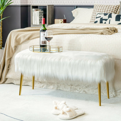Plush Faux Fur Vanity Stool with Elegant Gold Metal Legs in White