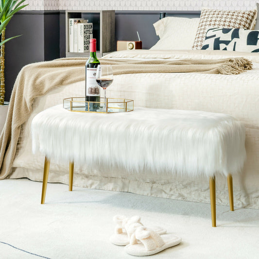 Plush Faux Fur Vanity Stool with Elegant Gold Metal Legs in White