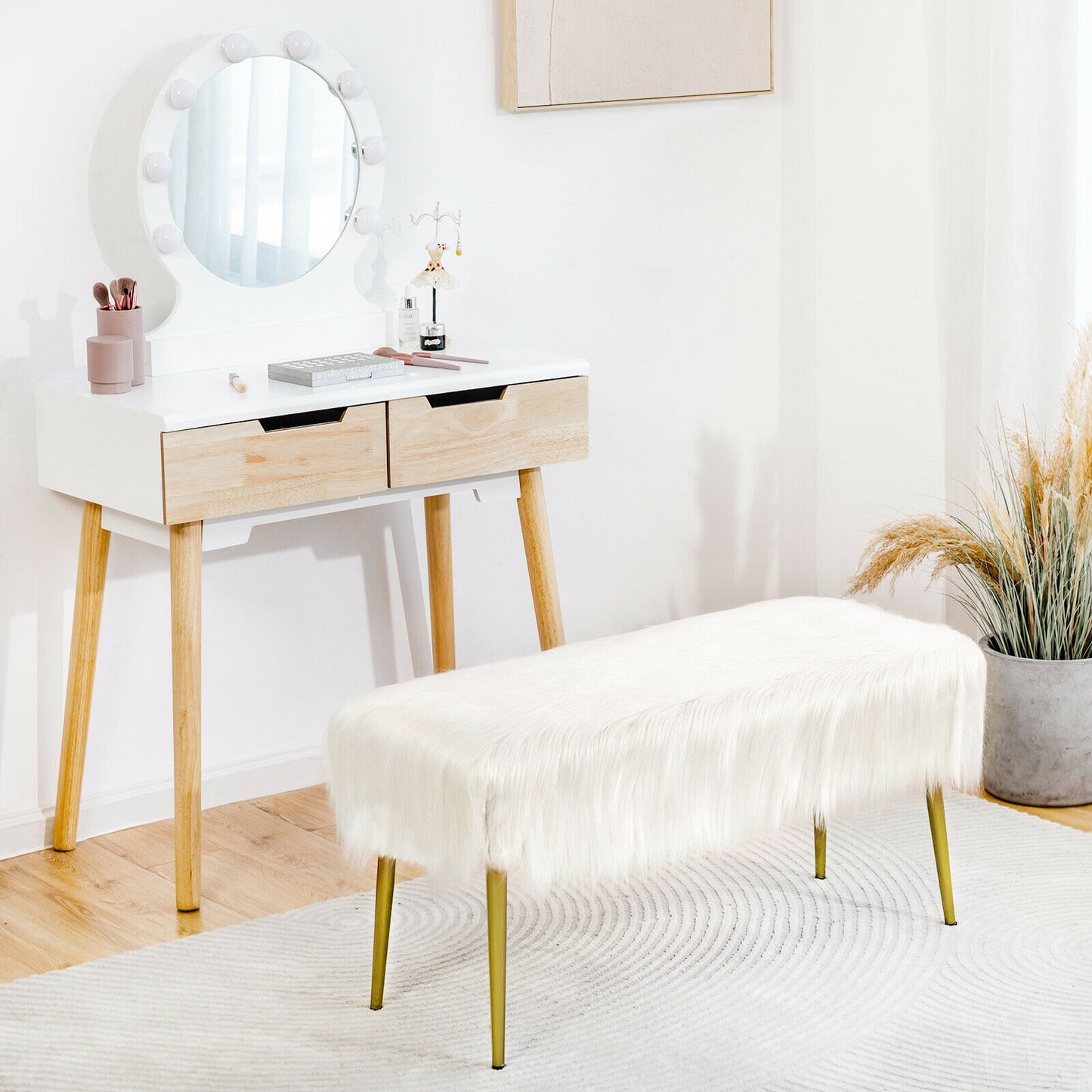 Plush Faux Fur Vanity Stool with Elegant Gold Metal Legs in White