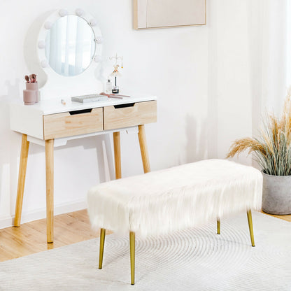 Plush Faux Fur Vanity Stool with Elegant Gold Metal Legs in White