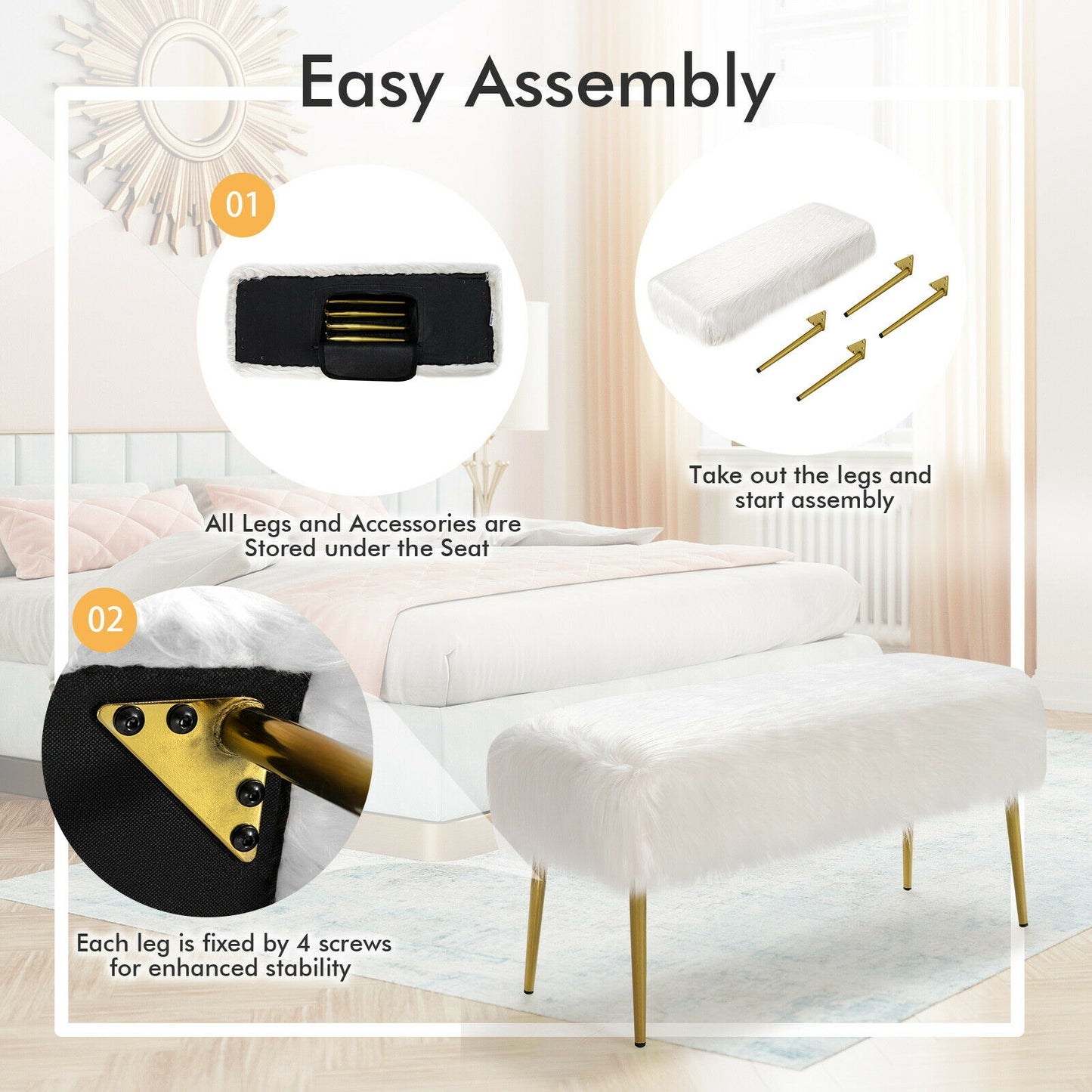 Plush Faux Fur Vanity Stool with Elegant Gold Metal Legs in White