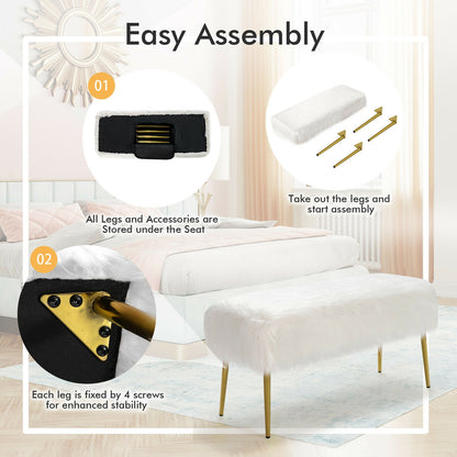Plush Faux Fur Vanity Stool with Elegant Gold Metal Legs in White